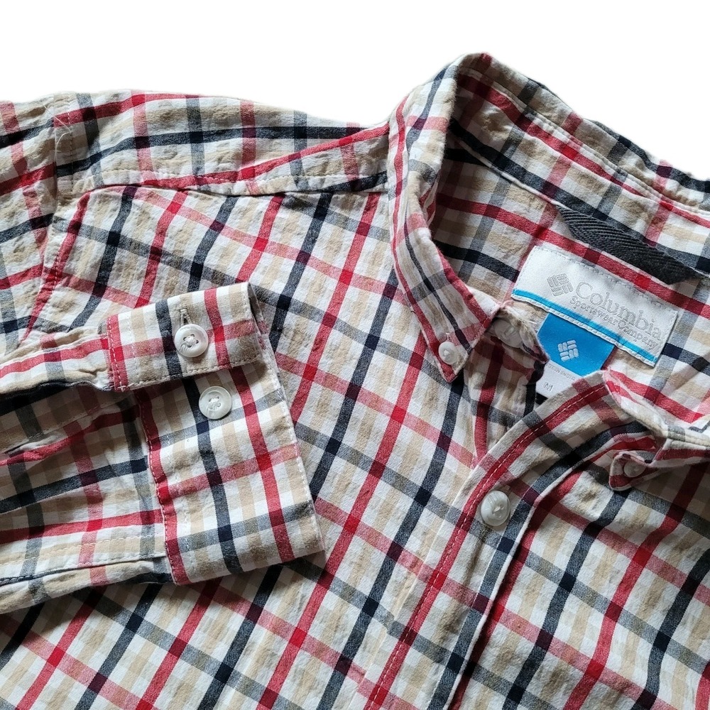 Columbia Men's Medium Long Sleeve Plaid Button Down Shirt - Red/Gray/Tan/White